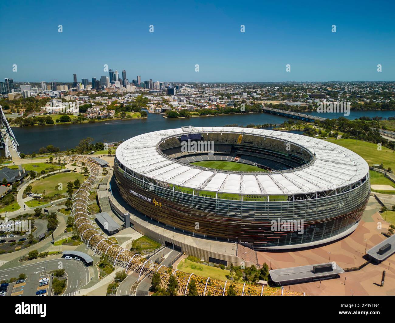 Perth, Australia - Feb 1, 2023: Aerial view of Perth Stadium and city skyline Stock Photo