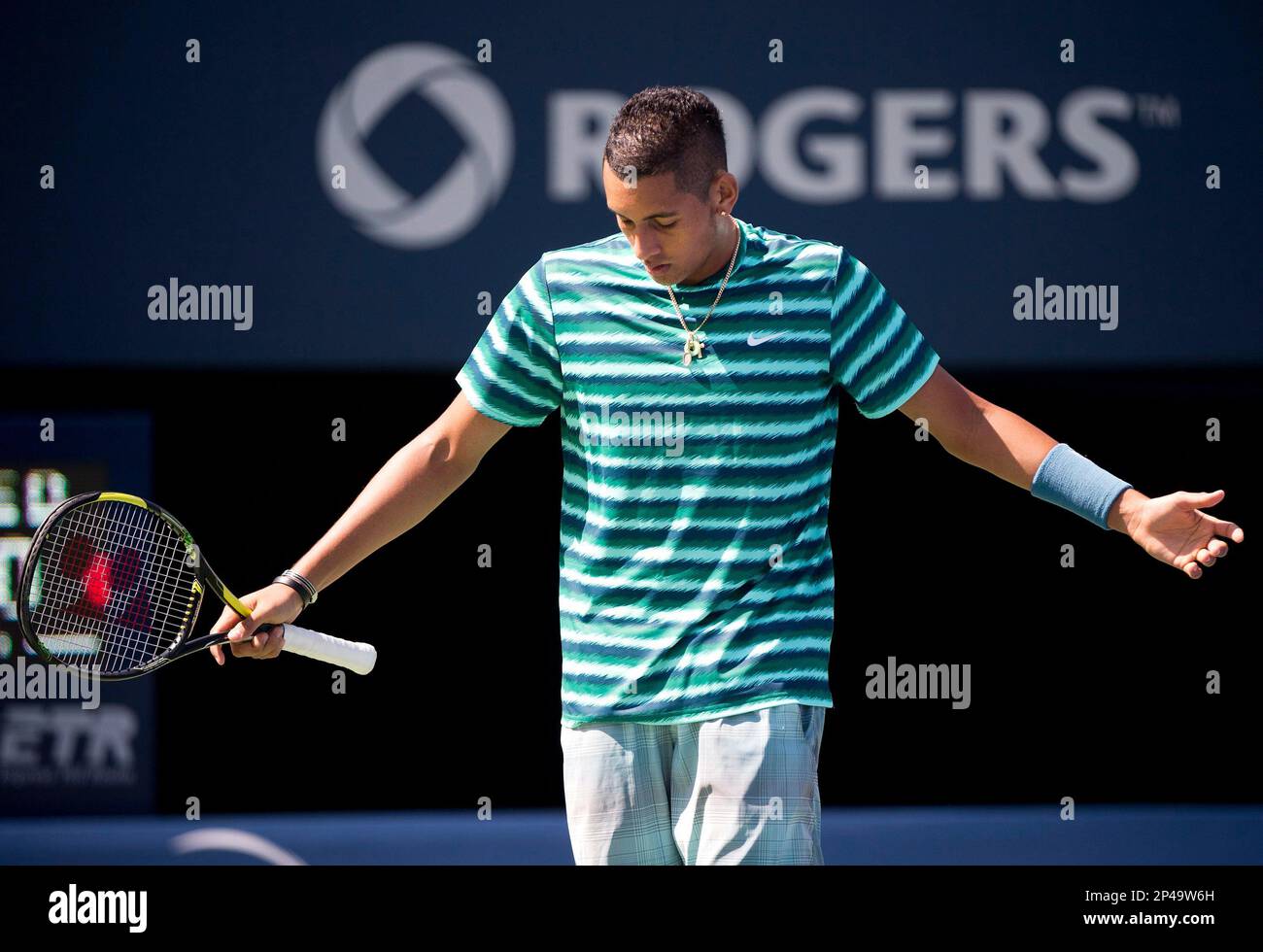 NICK KYRGIOS (AUS) wears a Lakers jersey to commemorate the passing of Kobe  Bryant during a warm up session prior to his match against Rafael Nadal  Stock Photo - Alamy