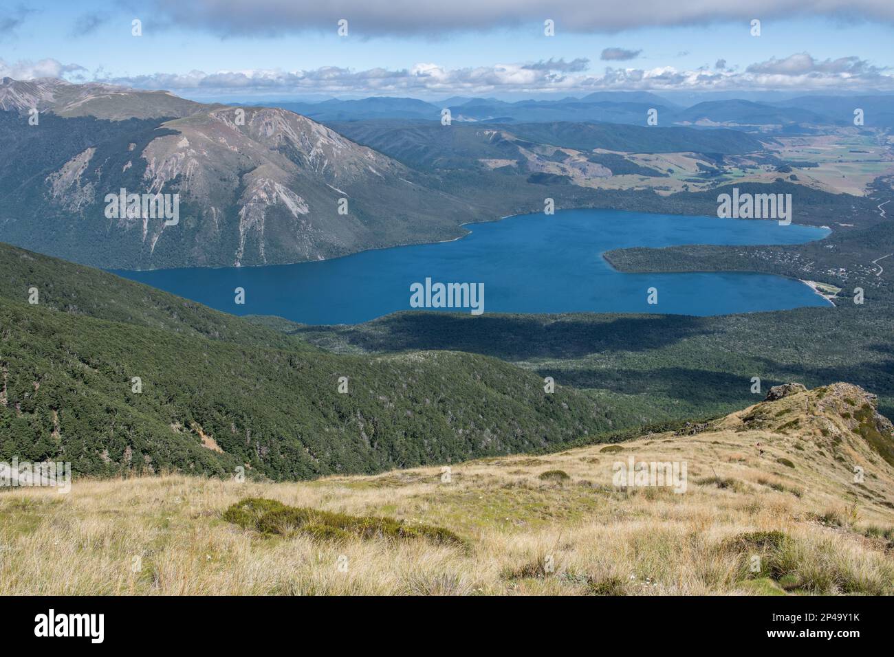 Lake Rotoiti and mountains and general landscape in Nelson Lakes National park in Aotearoa New Zealand. Stock Photo