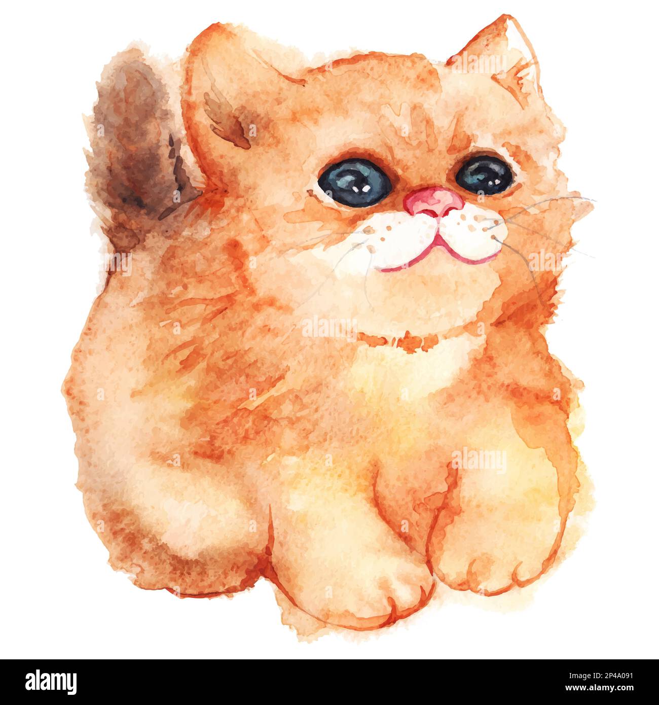 Watercolor cute cartoon fluffy ginger cat vector isolated Stock Vector
