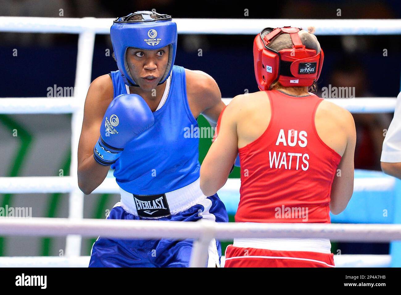 Shelley Watts of AUS and Isabelle Ratna of MRI compete in light weight 57-60kg quarterfinal during Commonwealth Games Boxing, Wednesday, July 30, 2014 in Glasgow, United Kingdom
