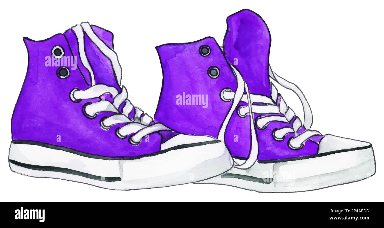 Watercolor violet purple sneakers pair shoes isolated vector Stock ...