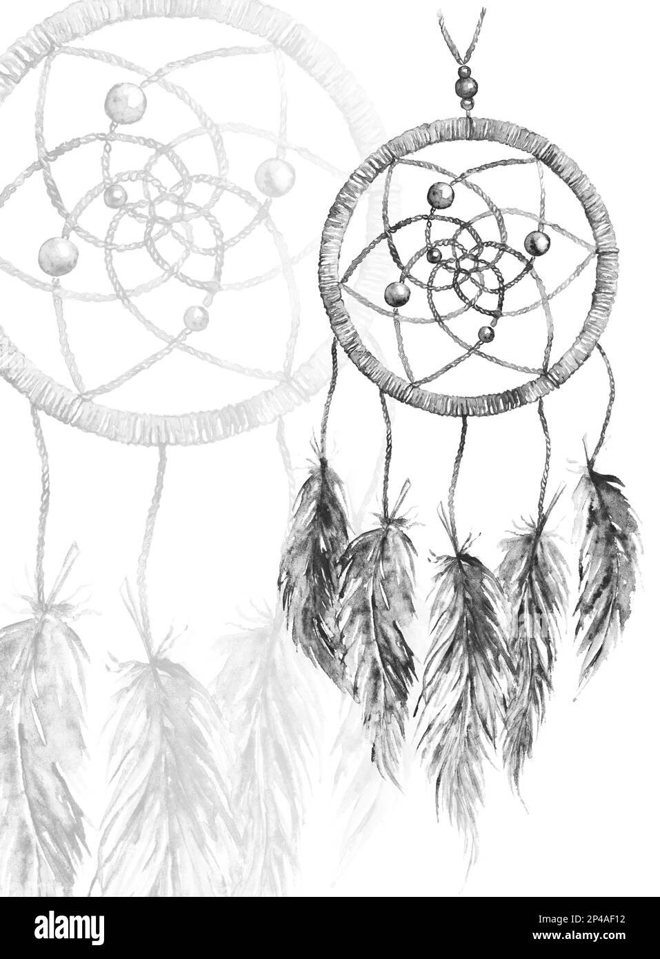 Watercolor monochrome ethnic tribal hand made feather dreamcatcher. Stock Photo
