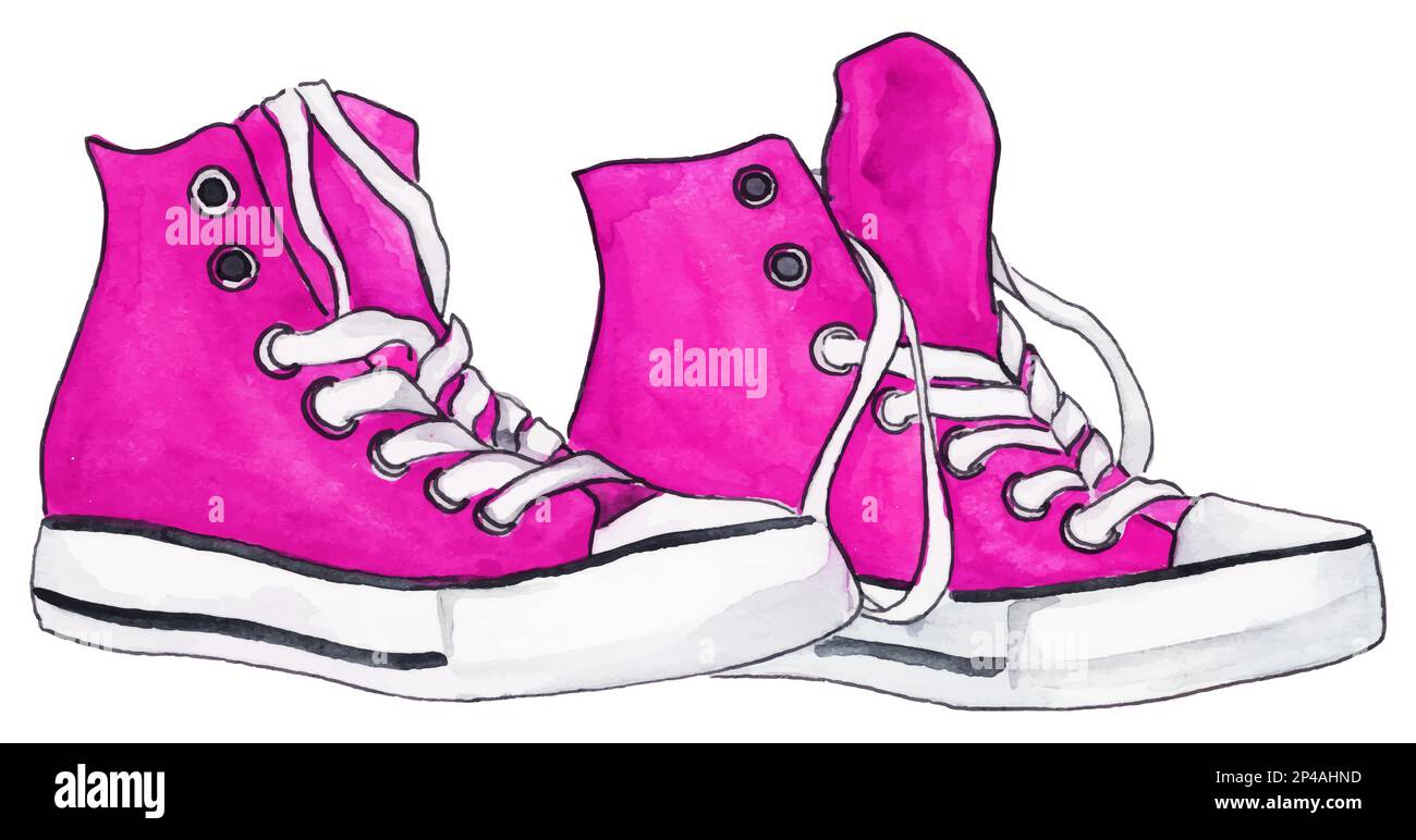 Watercolor pink crimson sneakers pair shoes isolated vector Stock ...