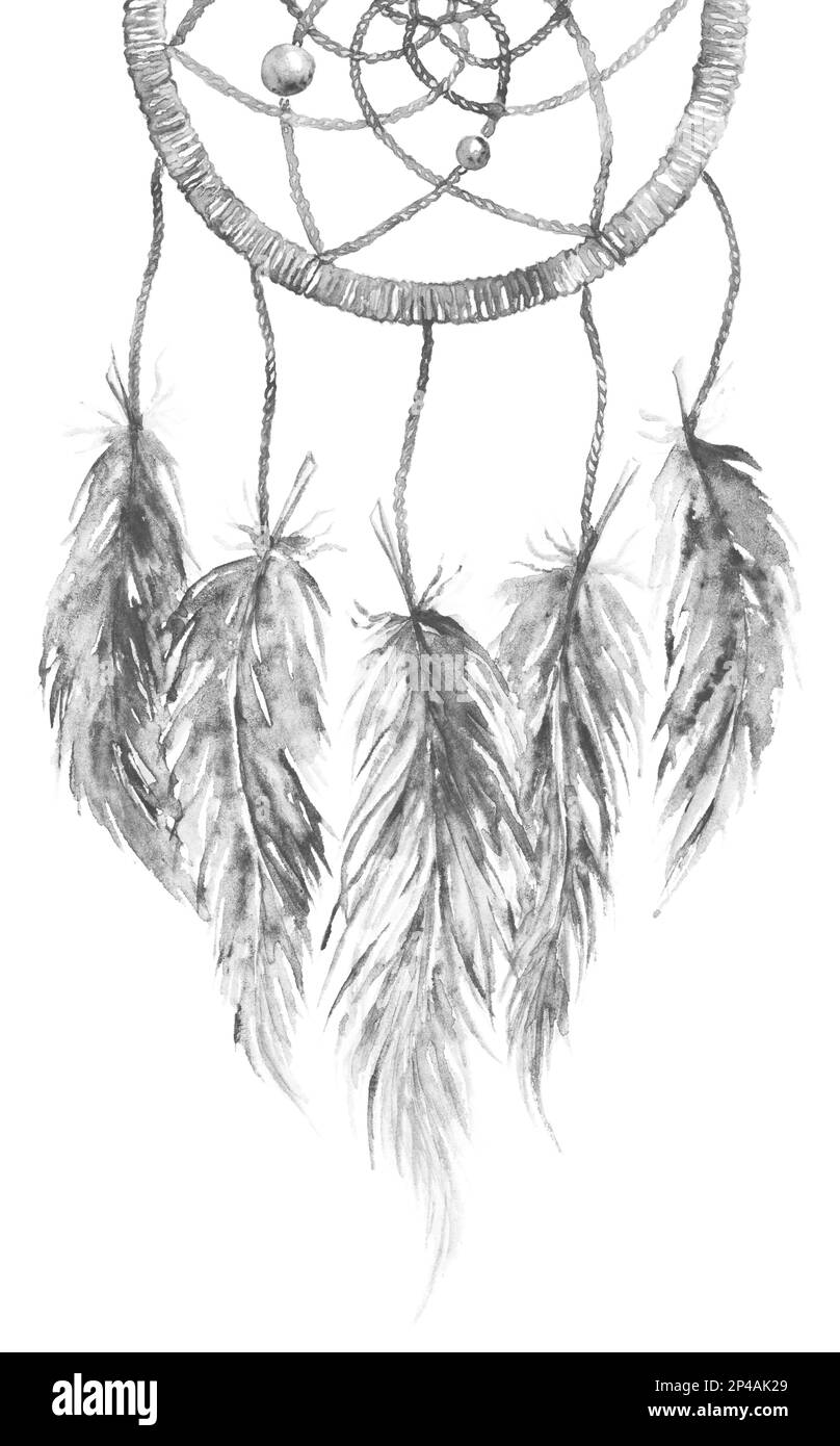 Watercolor monochrome ethnic tribal hand made feather dreamcatcher. Stock Photo