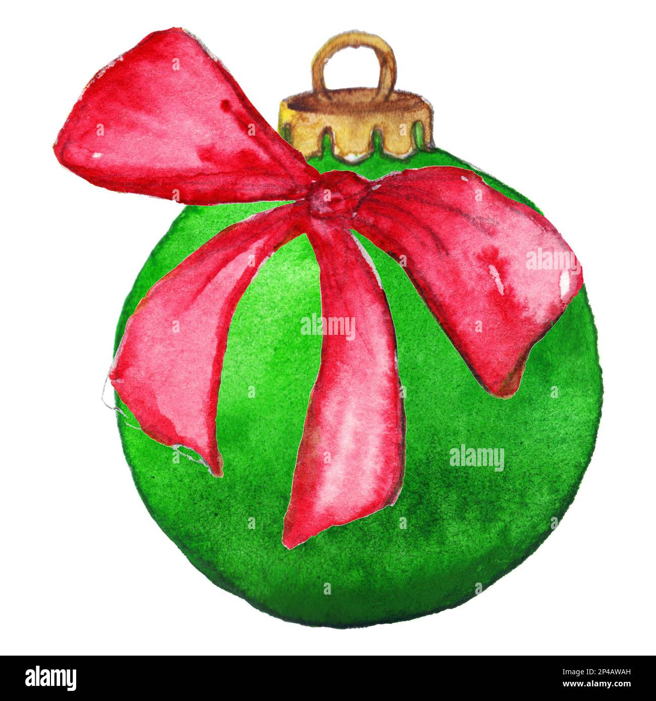 Watercolor green Christmas ball with pink bow isolated Stock Photo - Alamy