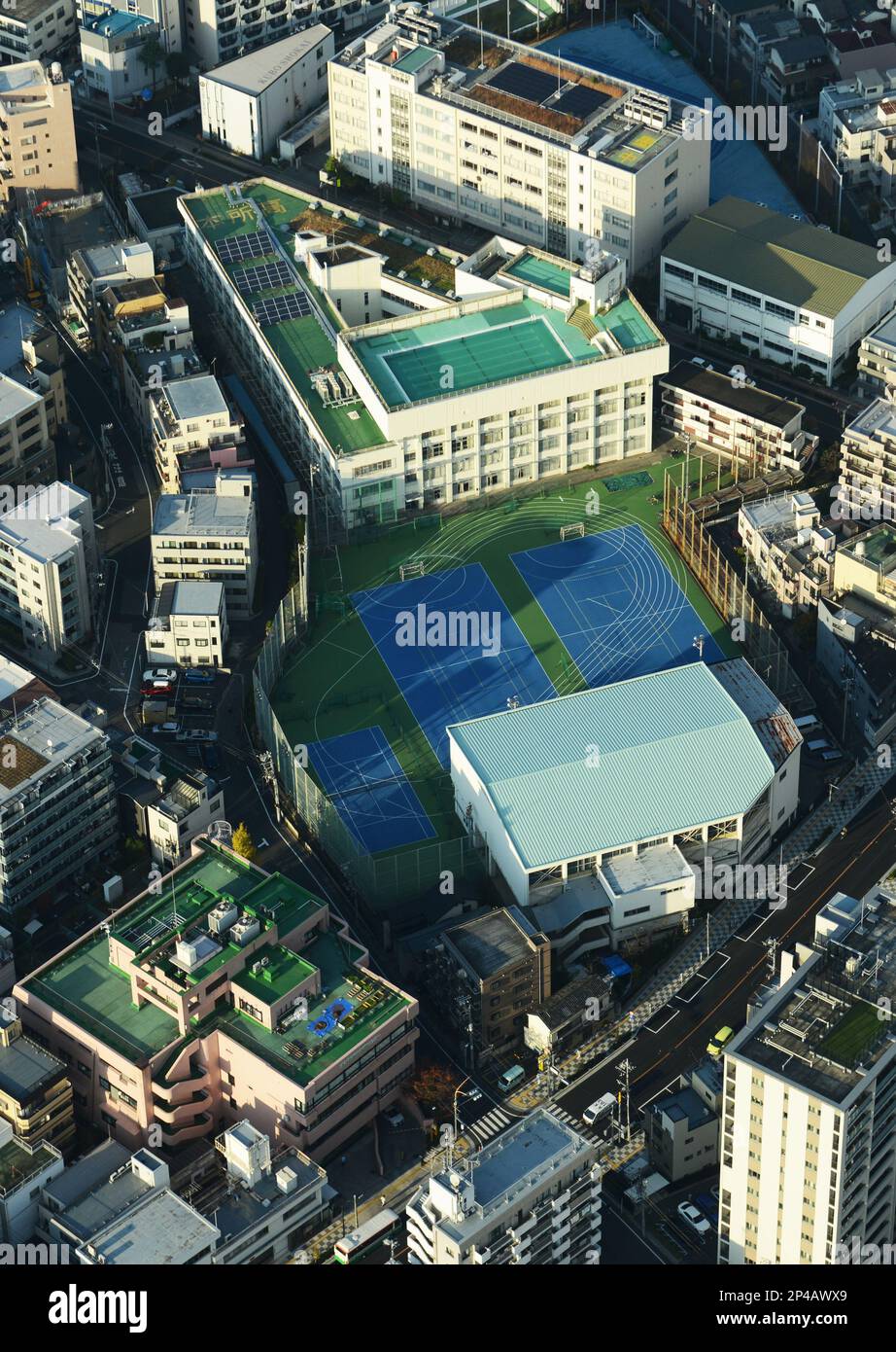 Aerial view of Honjo highschool and sports center in Sumida-City, Tokyo, Japan. Stock Photo