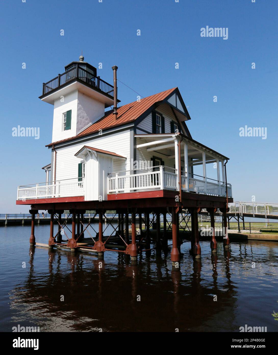 The Roanoke River Lighthouse in Edenton, N.C., is reflected in the