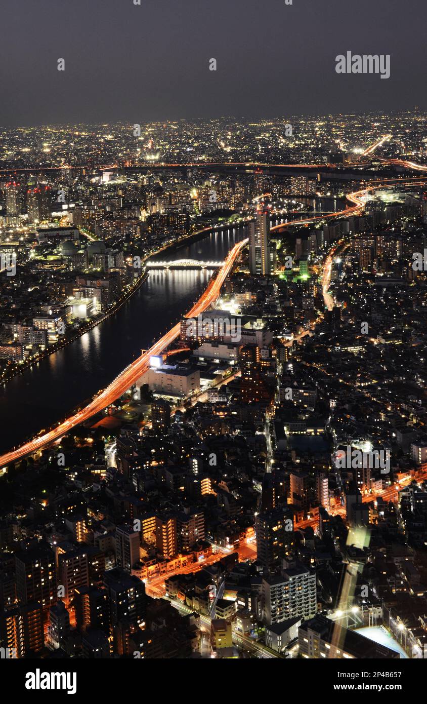 Aerial views of Tokyo at night. Views from the Skytree in Sumida-City, Tokyo, Japan. Stock Photo