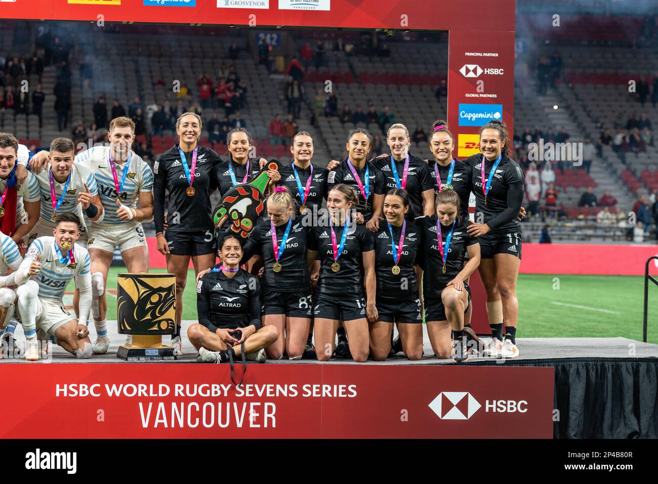 Vancouver, Canada. 5th March, 2023. Womens Gold medallists New Zealand's players pose on the podium during the annual HSBC World Rugby Sevens Series tournament at BC Place in Vancouver, Canada. Credit: Joe Ng/Alamy Live News. Stock Photo