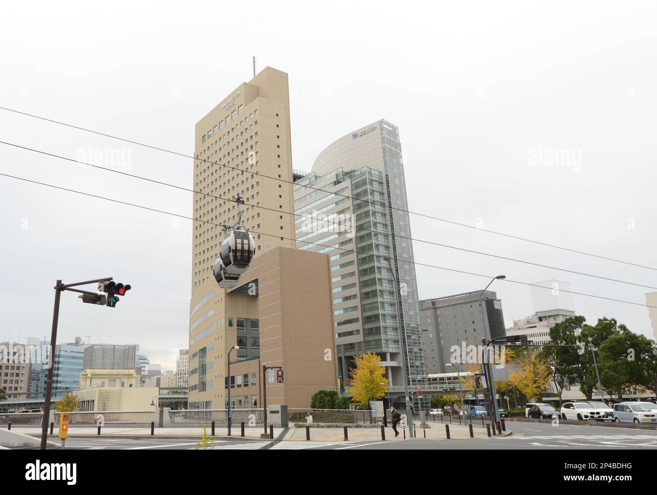 The Air Cabin cable car going over the harbour waterfront in Yokohama