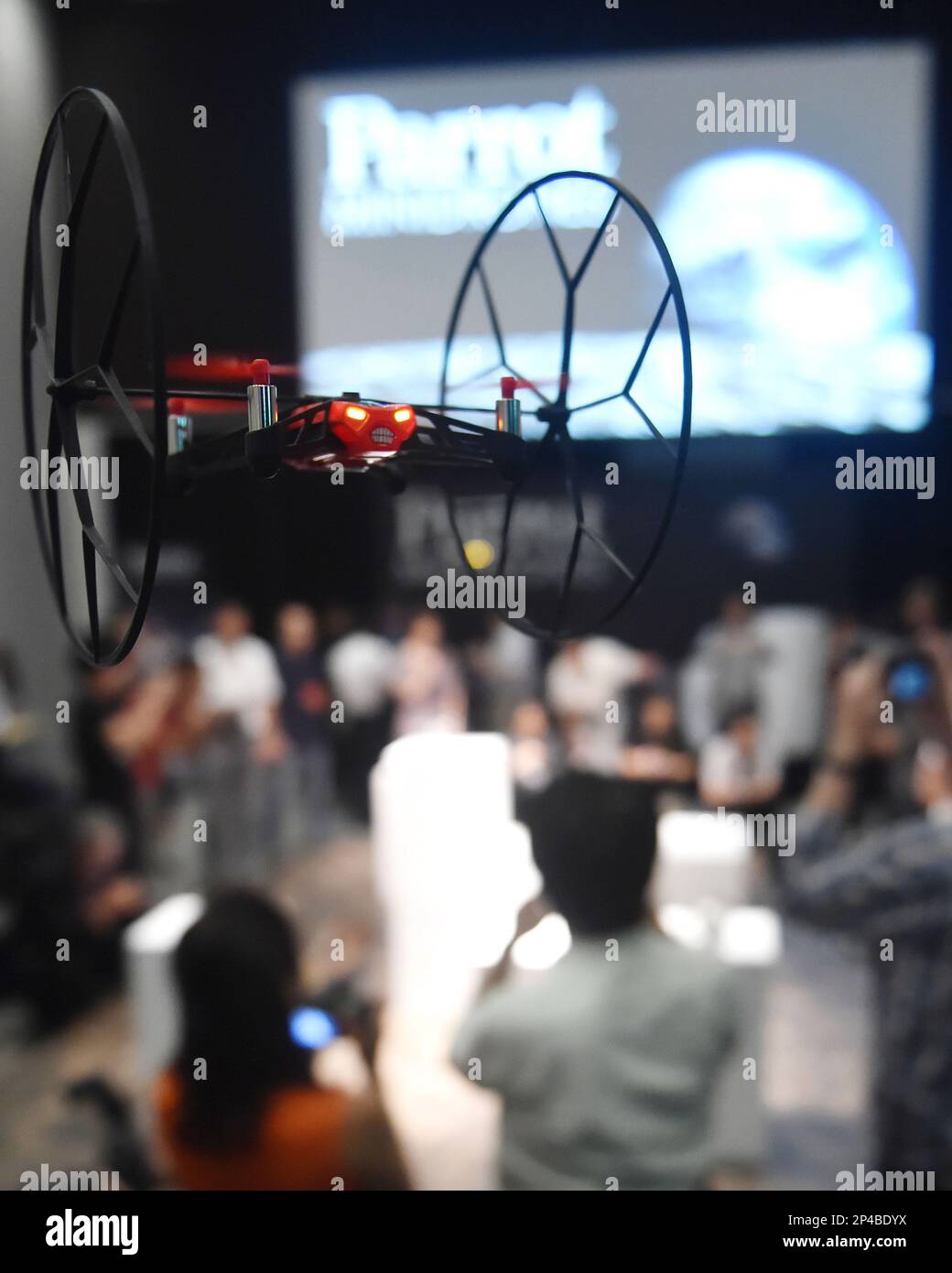 Parrot, a French drone company releases its new micro drones during a pres  conference in Chuo Ward, Tokyo on July 10, 2014. The Rolling Spider and  Jumping Sumo, new drones are controled