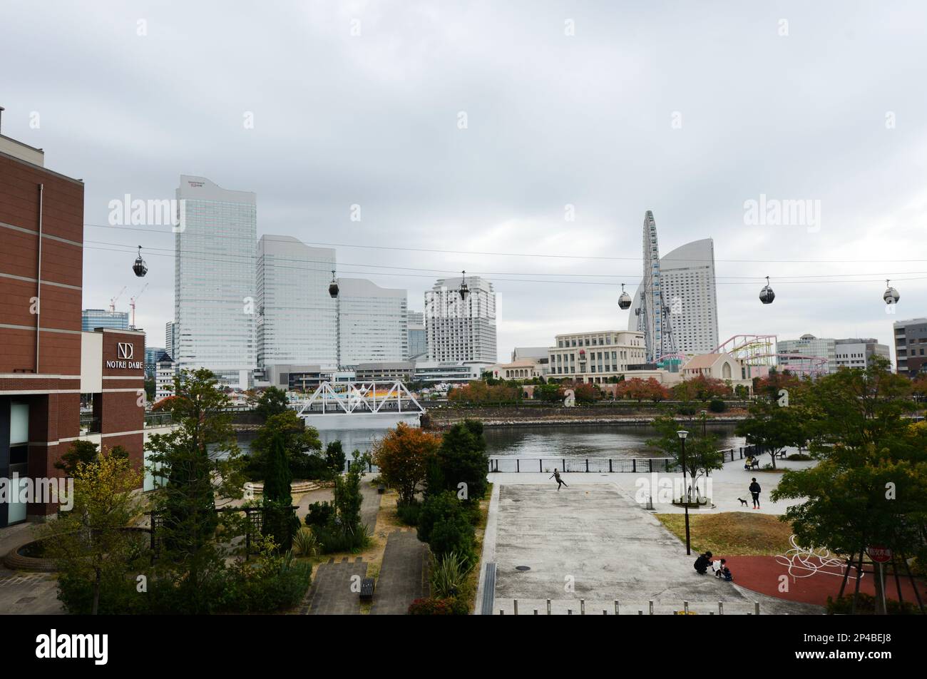 The Air Cabin cable car going over the harbour waterfront in Yokohama