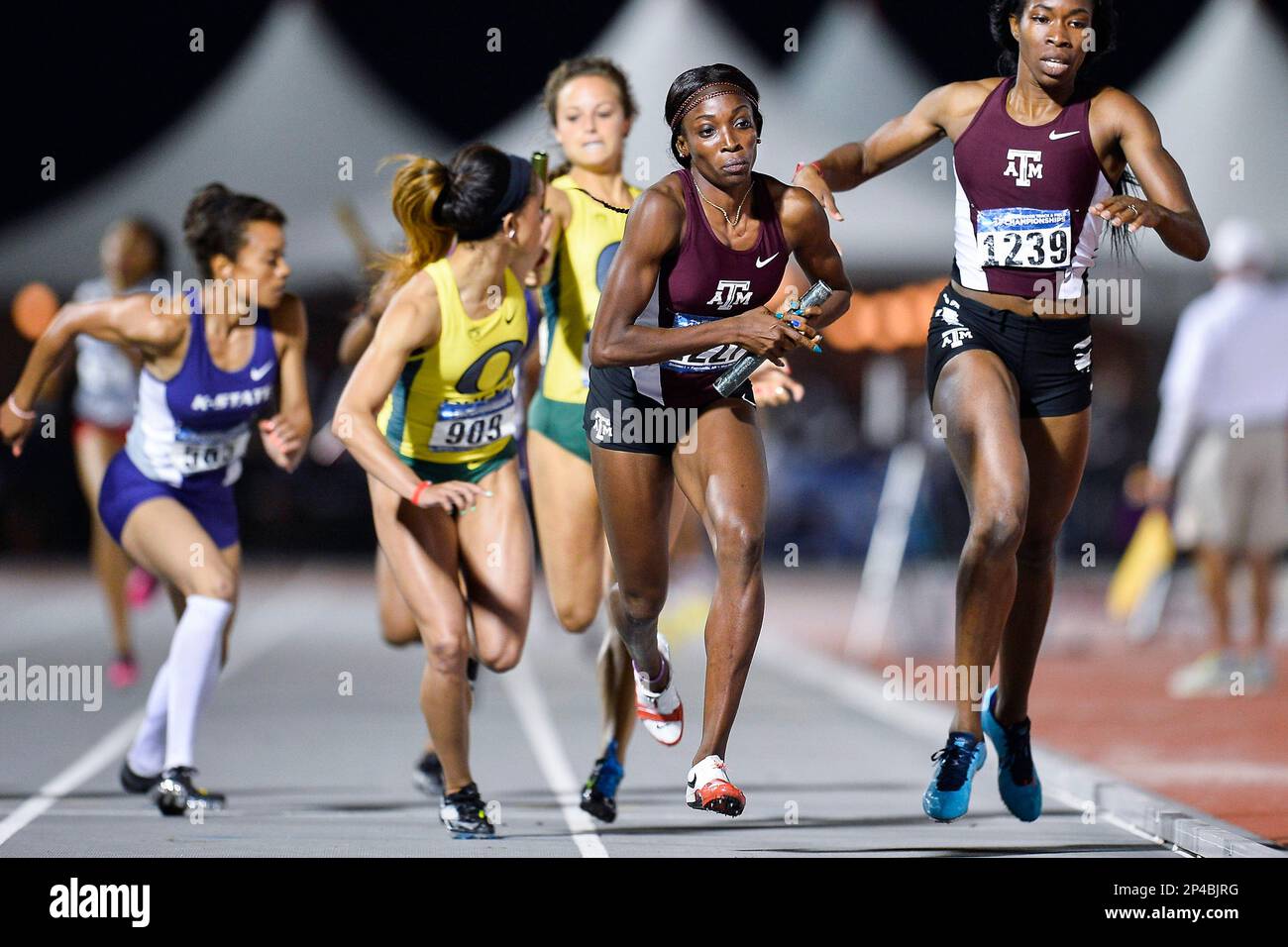 Janeil Bellille gets the baton form Ibukun Mayungbe in 4x400 relay quarterfinal during West Preliminary Track & Field Championships at John McDonnell Field, Friday, May 30, 2014 in Fayetteville, Ark. (Mo Khursheed/TFV Media via AP Images) Stock Photo