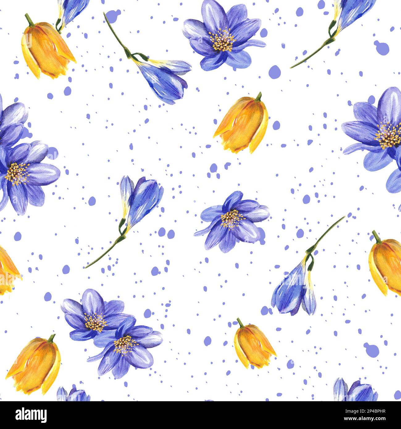 Seamless pattern of spring flowers. Watercolor illustration on a white ...