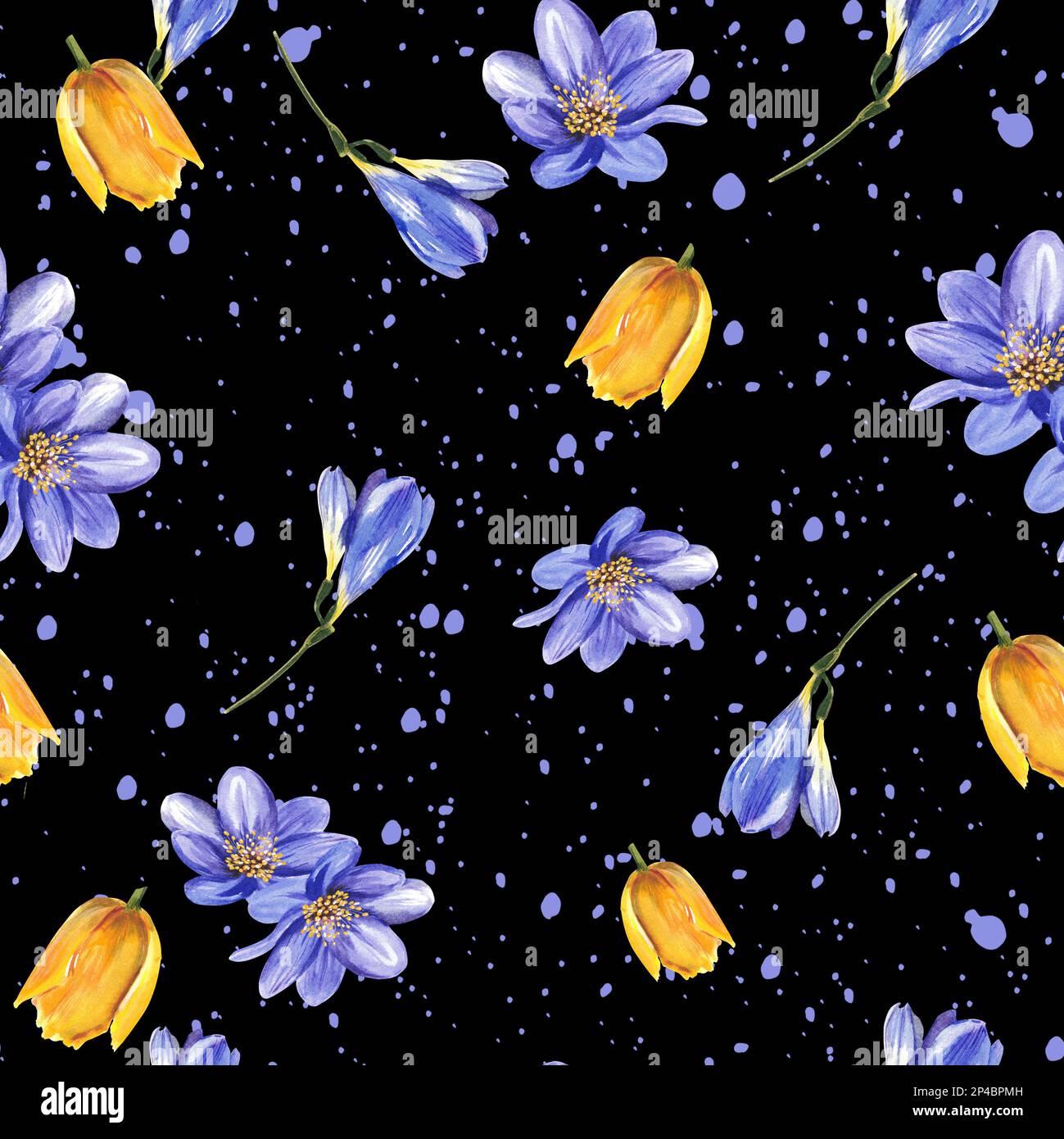 Seamless pattern of spring flowers. Watercolor illustration on a white ...