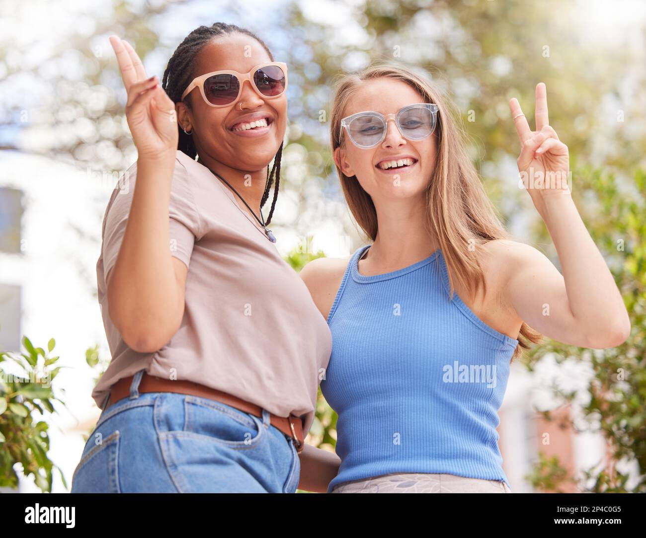 Friendship, diversity and portrait of women peace sign, sunglasses and