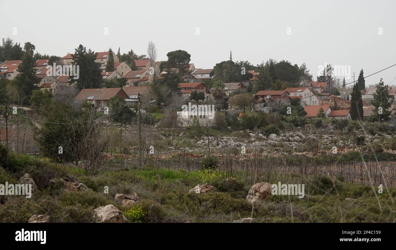View 0f the Israeli settlement of Ofra situated in a mountain-range area in the northern West Bank, Israel Stock Photo
