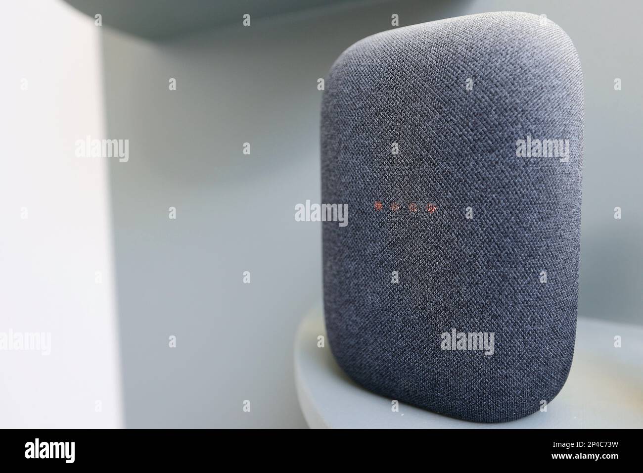 Barcelona, Catalonia, Spain. 28th Feb, 2023. The Nest Audio, a speaker with virtual assistant by Google, at the Mobile World Congress 2023. (Credit Image: © Brisa Palomar/Pacific Press via ZUMA Press Wire) EDITORIAL USAGE ONLY! Not for Commercial USAGE! Stock Photo