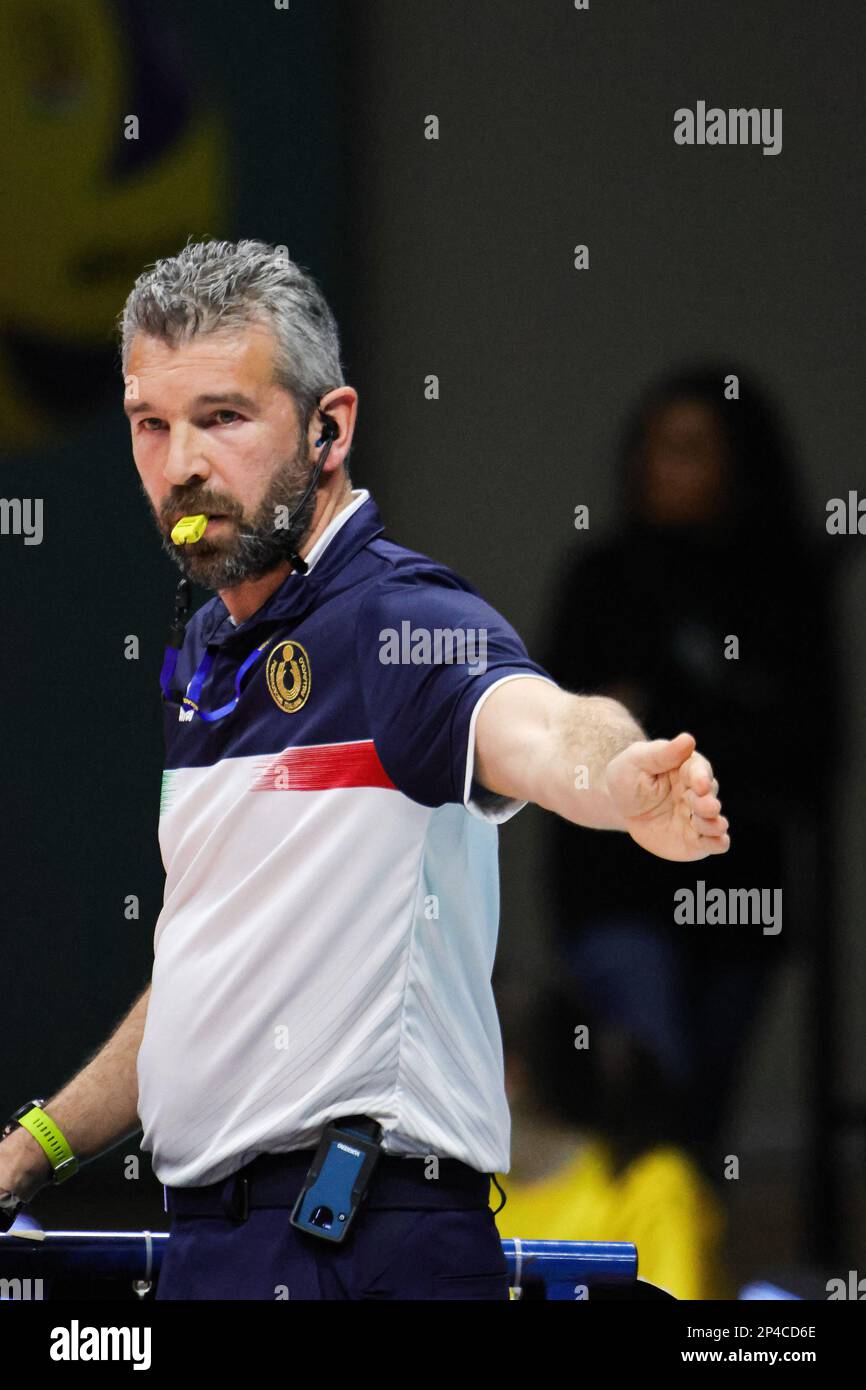 First Referee (Valsa Group Modena)(Vero Volley Monza) In action during the match of SuperLega Volley Italian Championship season 22/23 at Palapanini i Stock Photo