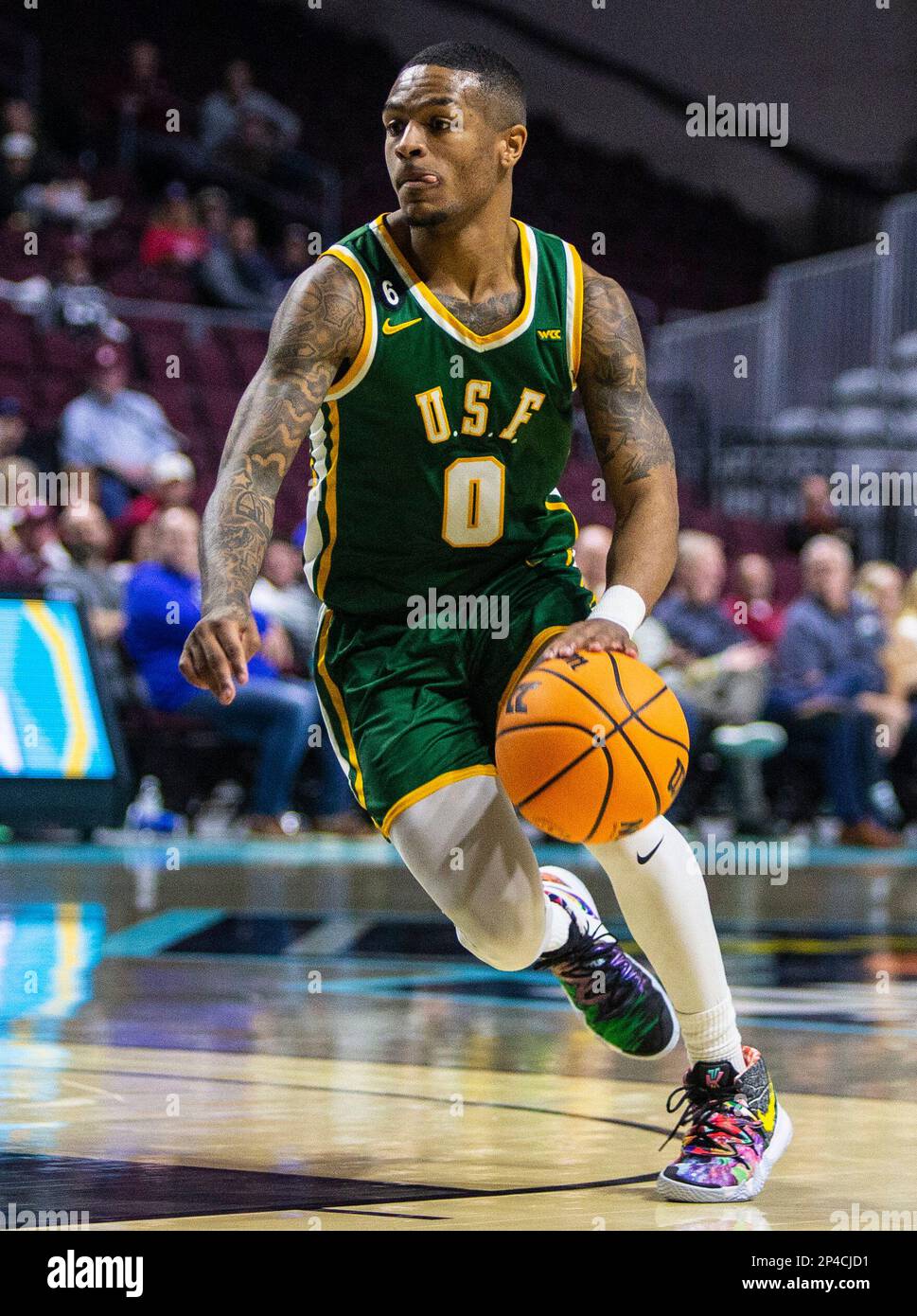 March 04 2023 Las Vegas, NV, U.S.A. San Francisco guard Khalil Shabazz  (0)brings the ball up court during the NCAA Men's Basketball West Coast  Conference Quarterfinals game between San Francisco Dons and