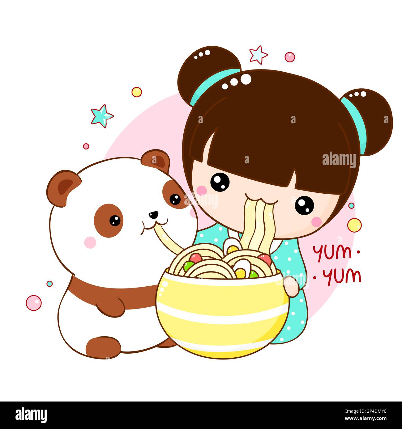 Cute little girl and panda eat ramen noodles. Inscription Yum yum. Baby friends girl and panda are happy to eat noodles. Square card in kawaii style. Stock Photo