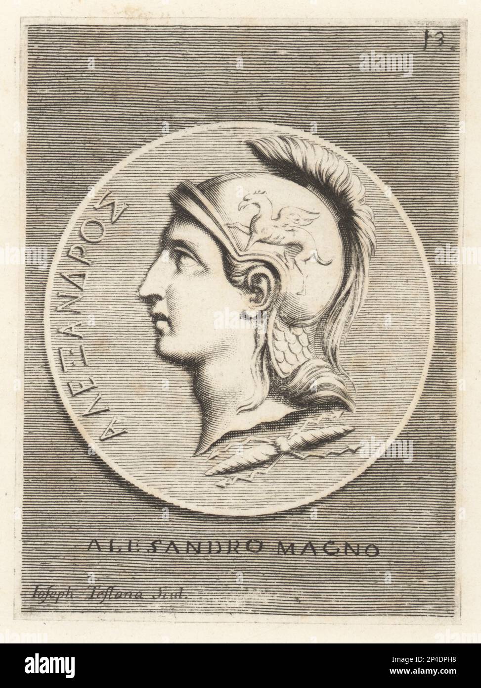 Profile portrait of Alexander the Great, Alexander III of Macedon, 356 – 323 BC, king of the ancient Greek kingdom of Macedon. Wearing a crested Corinthian helmet decorated with a winged horse Bucephalus, a thunderbolt at his neck. From a copper coin. Alessandro Magno. Copperplate engraving by Joseph Testana after Giovanni Angelo Canini from Iconografia, cioe disegni d'imagini de famosissimi monarchi, regi, filososi, poeti ed oratori dell' Antichita, Drawings of images of famous monarchs, kings, philosophers, poets and orators of Antiquity, Ignatio de’Lazari, Rome, 1699. Stock Photo