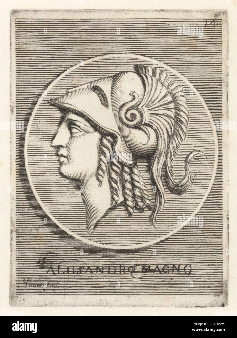 Profile portrait of Alexander the Great, Alexander III of Macedon, 356 – 323 BC, king of the ancient Greek kingdom of Macedon. Wearing a Corinthian helmet decorated with three feathers and a serpent. From a gold coin in the collection of Cardinal Camillo Massimo. Alessandro Magno. Copperplate engraving by Etienne Picart after Giovanni Angelo Canini from Iconografia, cioe disegni d'imagini de famosissimi monarchi, regi, filososi, poeti ed oratori dell' Antichita, Drawings of images of famous monarchs, kings, philosophers, poets and orators of Antiquity, Ignatio de’Lazari, Rome, 1699. Stock Photo