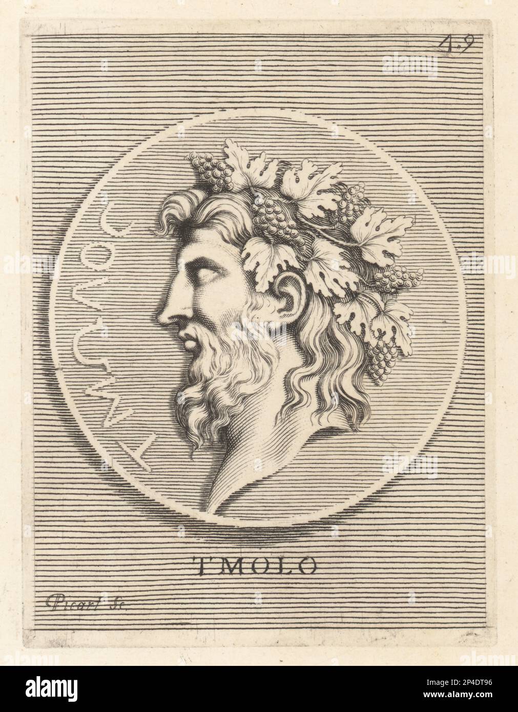 Tmolus, mythical Greek king of Lydia, husband of Omphale, and/or father of Tantalus. Bearded head crowned with vine leaves and grapes. From a coin owned by Cardinal Camillo Massimo. Tmolo. Copperplate engraving by Etienne Picart after Giovanni Angelo Canini from Iconografia, cioe disegni d'imagini de famosissimi monarchi, regi, filososi, poeti ed oratori dell' Antichita, Drawings of images of famous monarchs, kings, philosophers, poets and orators of Antiquity, Ignatio de’Lazari, Rome, 1699. Stock Photo