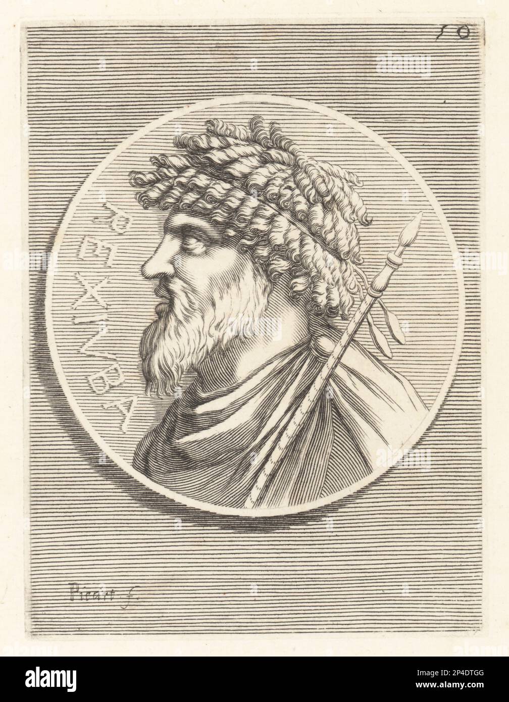King Juba I of Numidia, c. 85-46 BC, king of Numidia (reigned 60-46 BC). He was the son and successor to Hiempsal II. With beard and curly hair, mantle and sceptre. From a silver coin. Rex Iuba. Copperplate engraving by Etienne Picart after Giovanni Angelo Canini from Iconografia, cioe disegni d'imagini de famosissimi monarchi, regi, filososi, poeti ed oratori dell' Antichita, Drawings of images of famous monarchs, kings, philosophers, poets and orators of Antiquity, Ignatio de’Lazari, Rome, 1699. Stock Photo