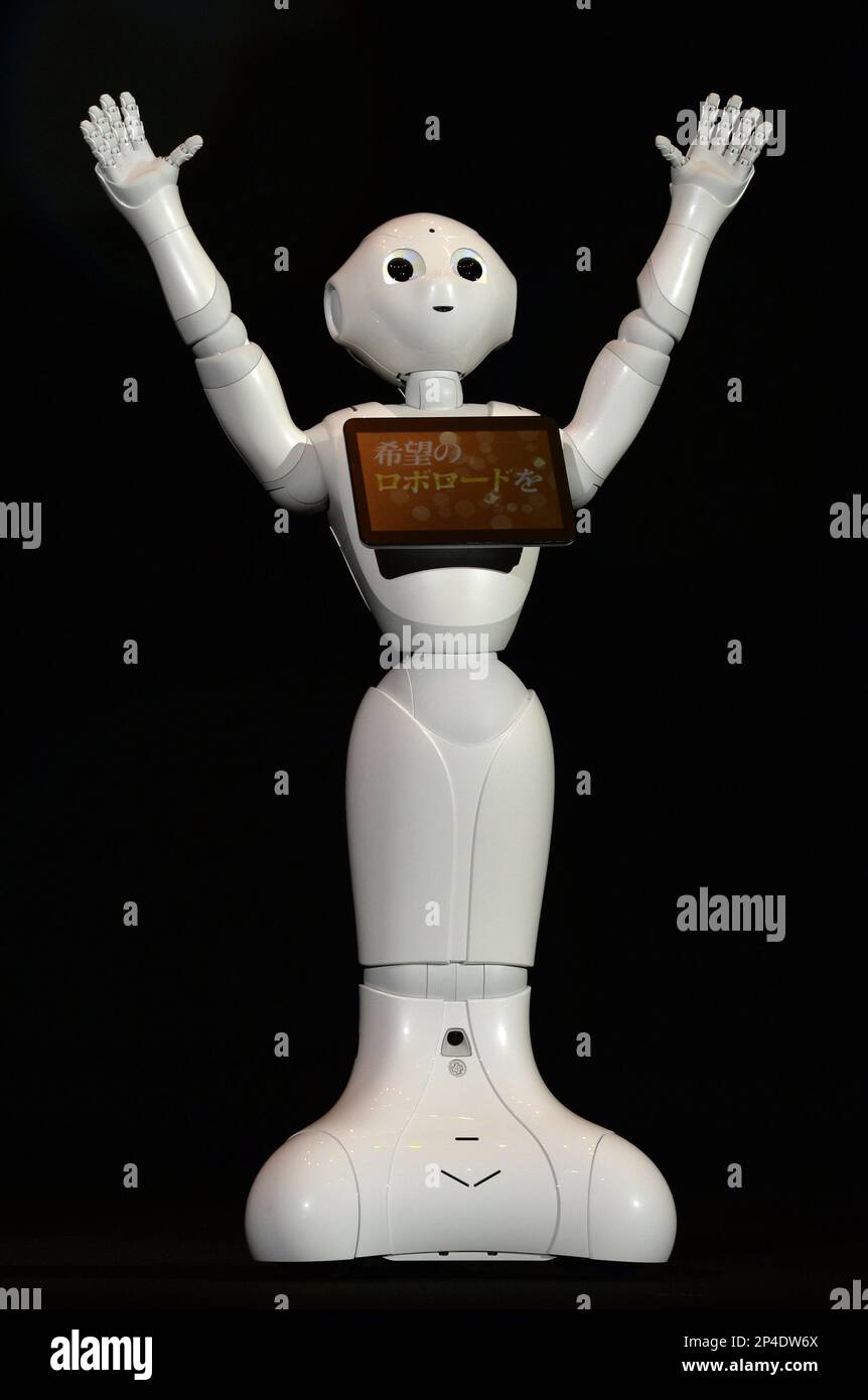 Softbank, Japanese mobile phone company,unveils the company new product, a  humna-like robot called "Pepper," a prototype version performing a dance  and rap at Maihama Amphitheater in Urayasu, Chiba Prefecture on June 5,