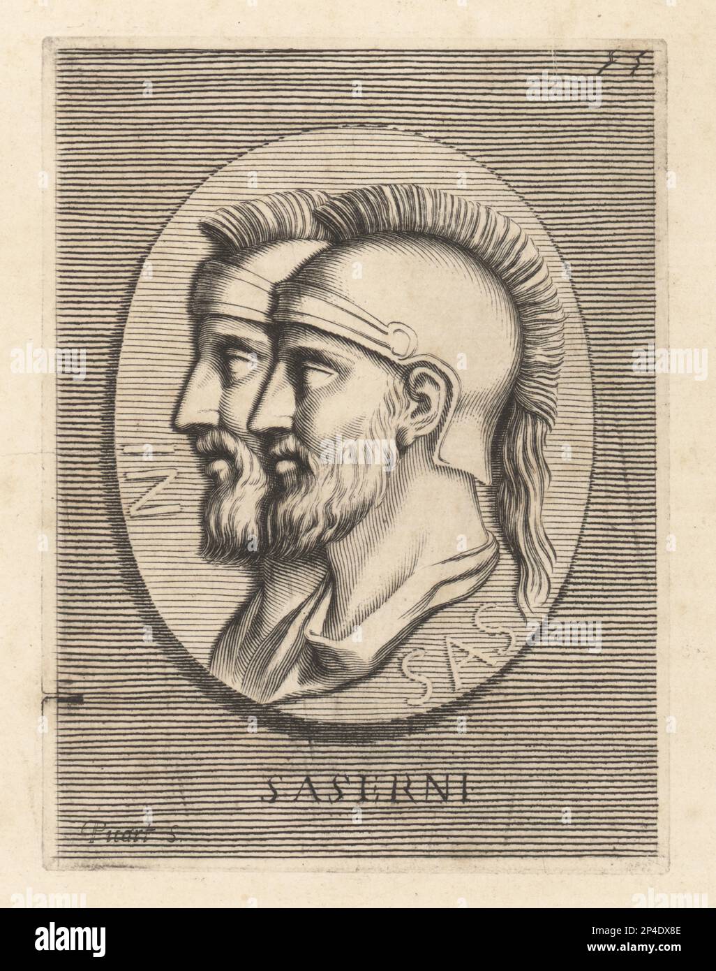 Heads of Roman soldiers, C. Saserna and P. Saserna, two brothers who served under Julius Caesar in the African war, BC 46. Bearded men in crested helmets. Sasernae. Saserni. Copperplate engraving by Etienne Picart after Giovanni Angelo Canini from Iconografia, cioe disegni d'imagini de famosissimi monarchi, regi, filososi, poeti ed oratori dell' Antichita, Drawings of images of famous monarchs, kings, philosophers, poets and orators of Antiquity, Ignatio de’Lazari, Rome, 1699. Stock Photo