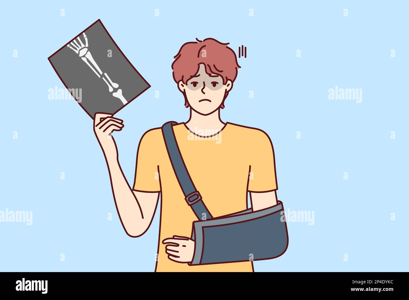 Man injured arm and shows picture of bone with traces of fracture taken