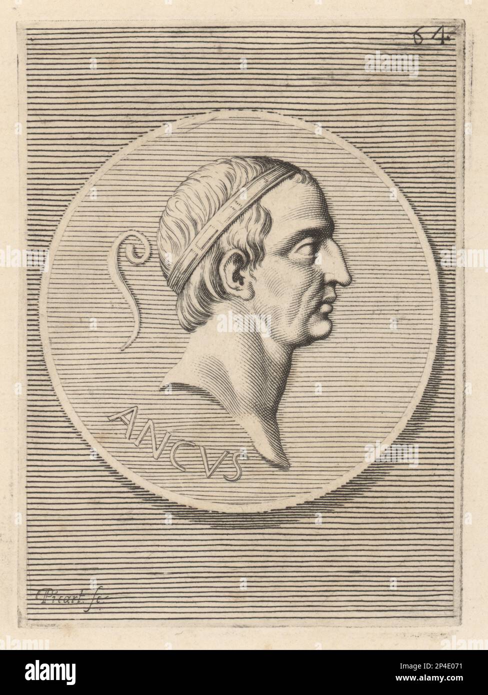 Ancus Martius, legendary fourth king of Rome, who reigned for 24 years. Son of Marcius and Pompilia, Numa Pompilius's daughter. Head wearing diadem from a silver denarius coin. Anco Martio IV Re di Roma. Copperplate engraving by Etienne Picart after Giovanni Angelo Canini from Iconografia, cioe disegni d'imagini de famosissimi monarchi, regi, filososi, poeti ed oratori dell' Antichita, Drawings of images of famous monarchs, kings, philosophers, poets and orators of Antiquity, Ignatio de’Lazari, Rome, 1699. Stock Photo