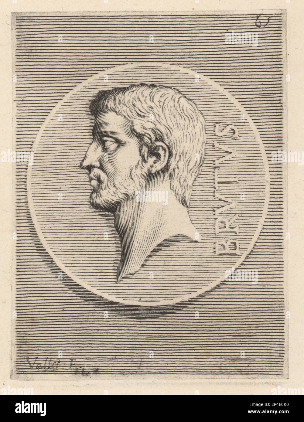 Lucius Junius Brutus, semi-legendary founder of the Roman Republic, and traditionally one of its first consuls in 509 BC. Bruto. Copperplate engraving by Guillaume Vallet after Giovanni Angelo Canini from Iconografia, cioe disegni d'imagini de famosissimi monarchi, regi, filososi, poeti ed oratori dell' Antichita, Drawings of images of famous monarchs, kings, philosophers, poets and orators of Antiquity, Ignatio de’Lazari, Rome, 1699. Stock Photo