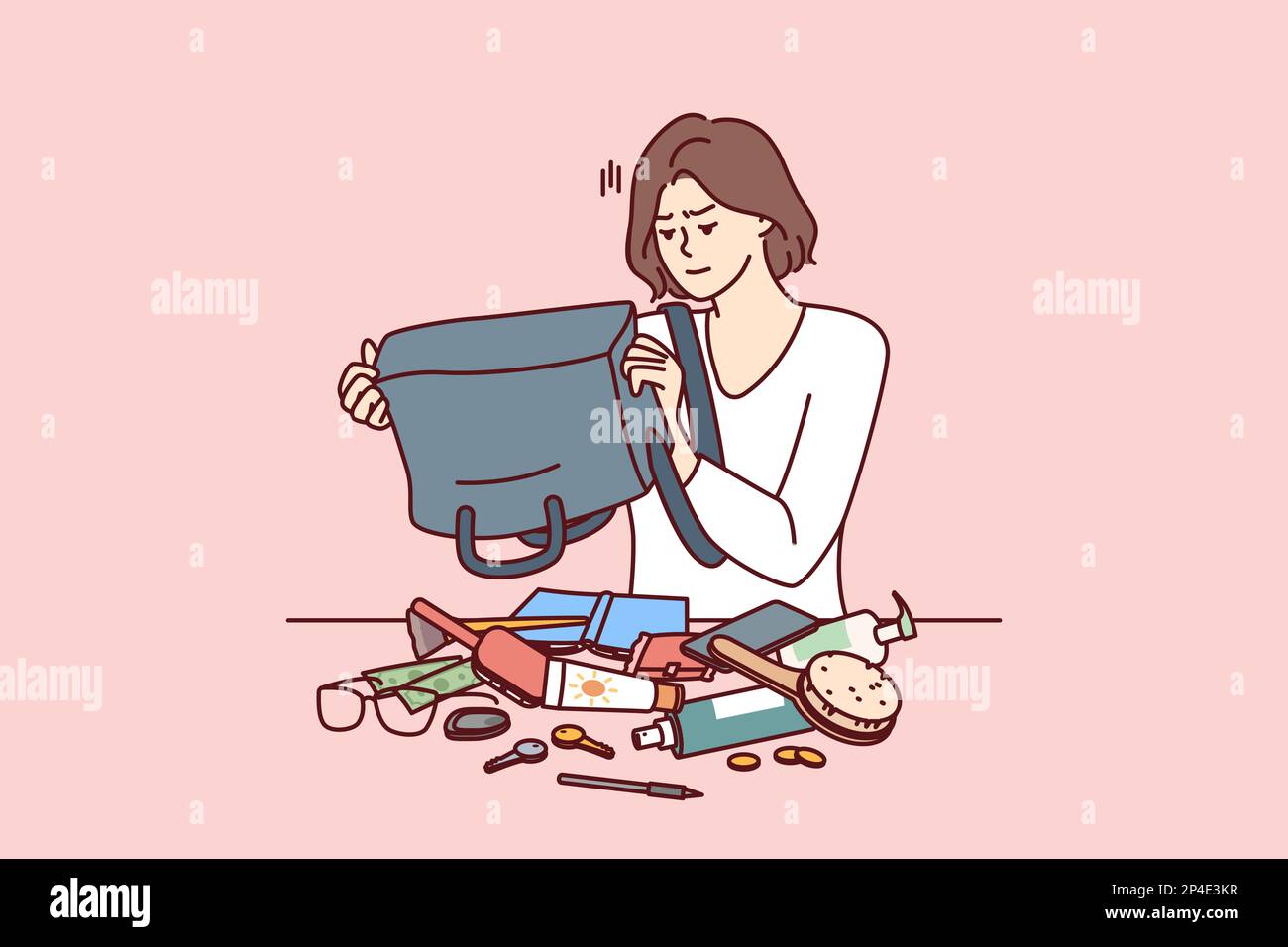 Puzzled woman shakes out contents of bag on table trying to find wallet with money or mobile phone. Girl is embarrassed because of mess in bag causing inconvenience and loss of wallet Stock Vector