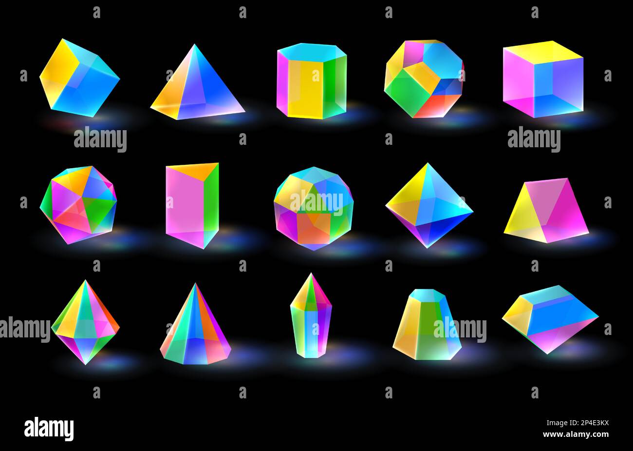 Multicolor diamond crystal shapes. Prism color glass prism different volumetric figures. Triangular, polygonal, and hexagonal crystals vector set Stock Vector