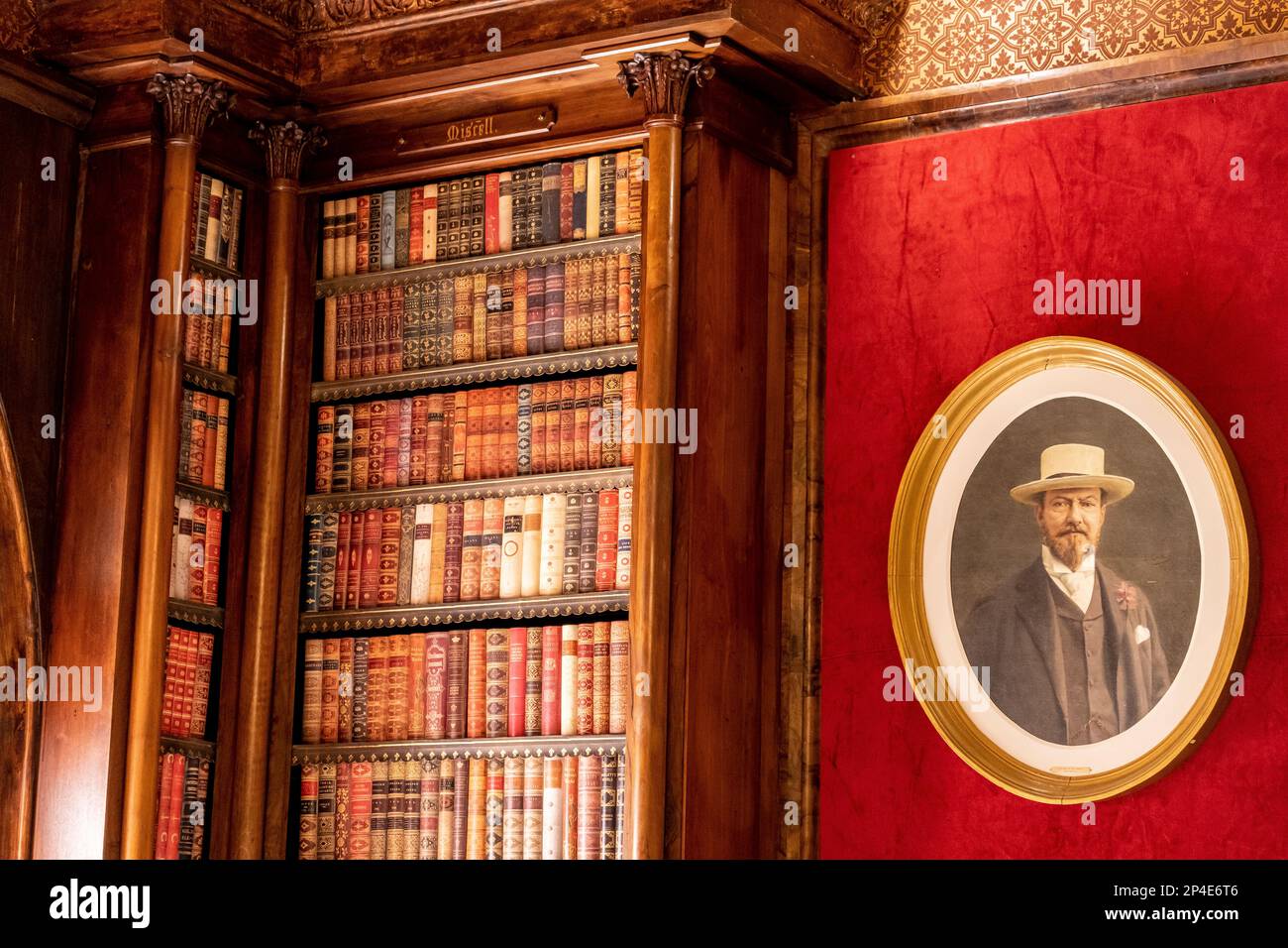 Library at Monserrate Palace, Sintra, Portugal, portrait of an English gentleman on the wall Stock Photo