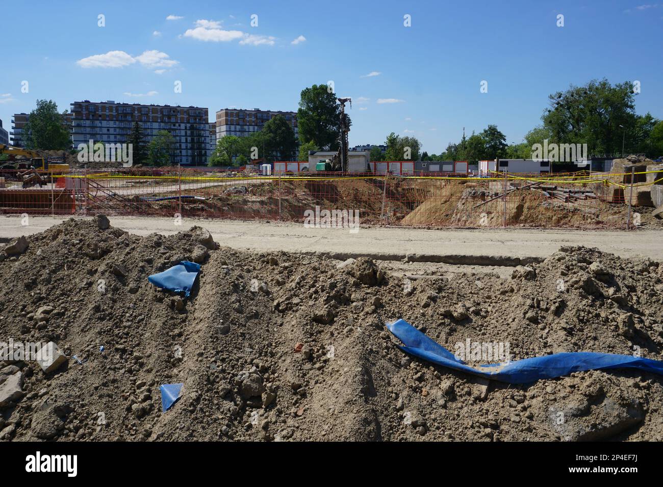 Warsaw, Poland, June 26th 2022 Earthworks on construction site real estate development