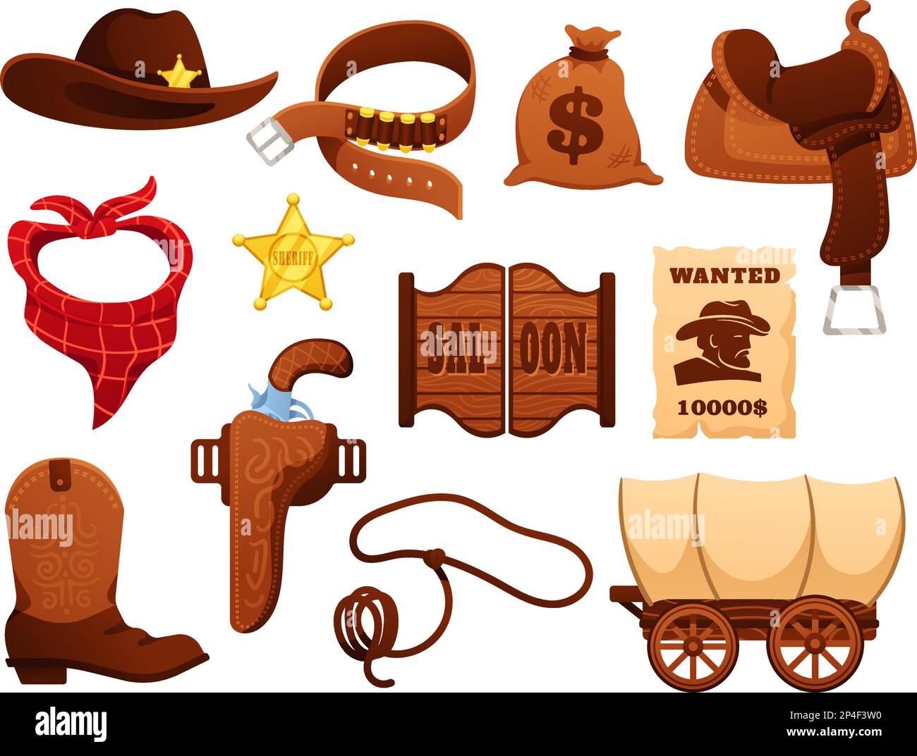 Cartoon wild west sheriff elements. Saloon doors, saddle and wagon. Wanted for reward, hat and leather cowboy boots vector illustration set Stock Vector