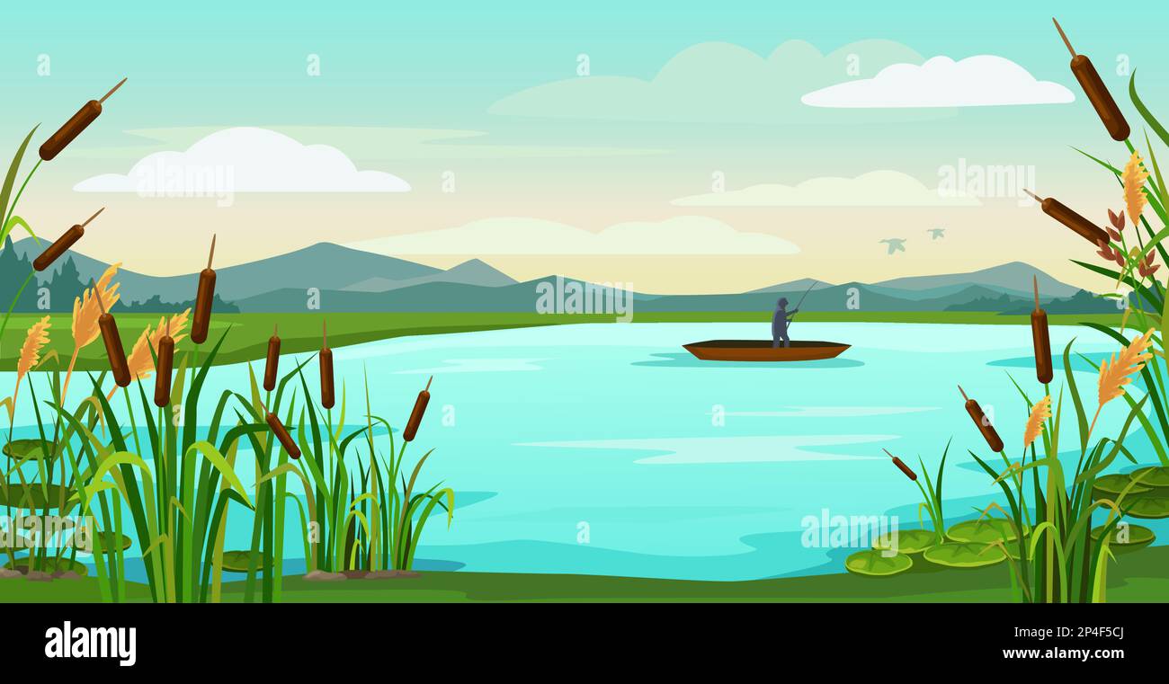 Cartoon lake landscape. Fisherman fishing in boat on pond with reeds