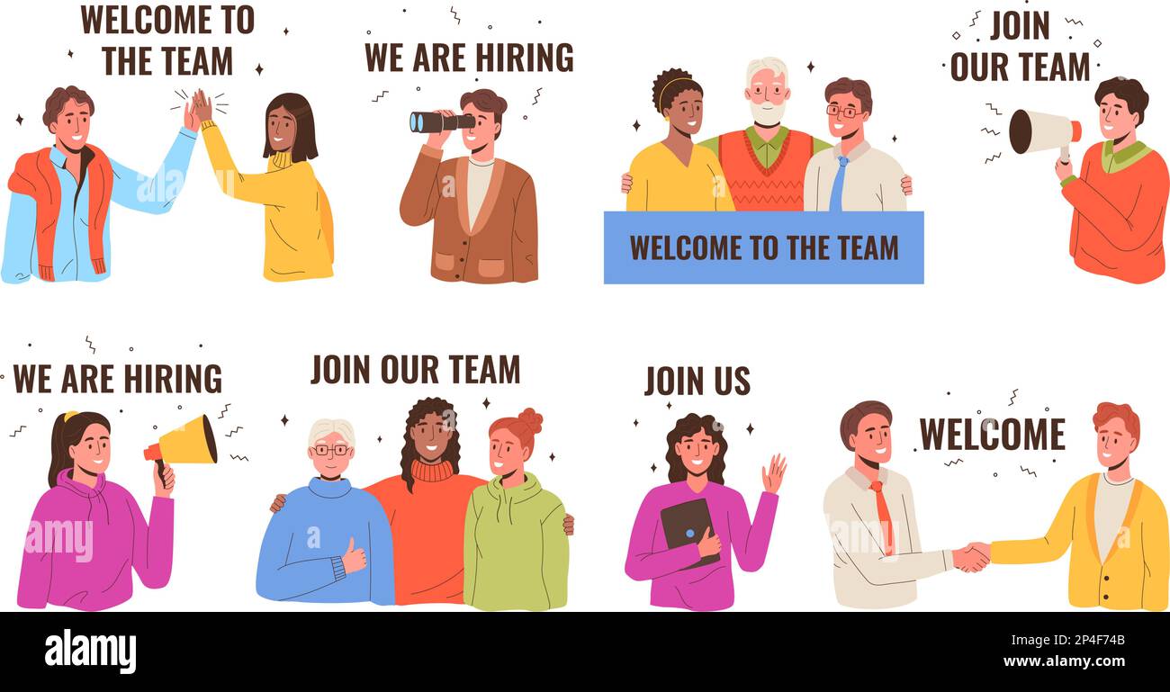 Join our team banners. Welcome to team, we are hiring and join us. Headhunting and human resource research vector illustrations set Stock Vector