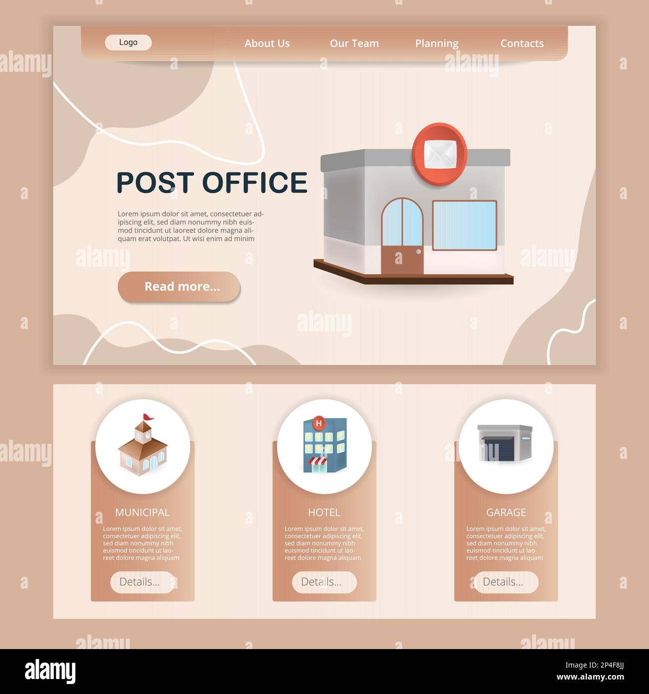 Post office flat landing page website template. Municipal, hotel 