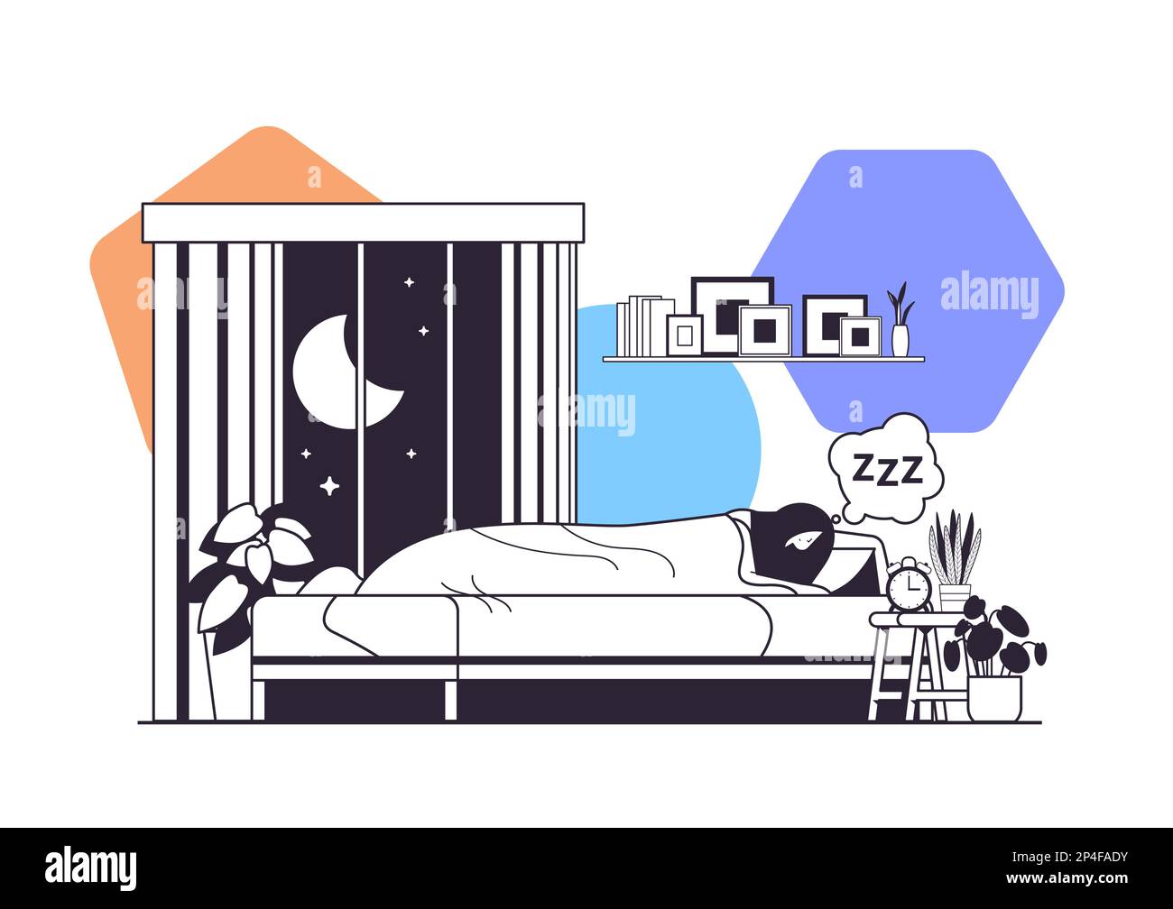 tired woman sleeping in bed with alarm clock girl dreaming living room interior Stock Vector