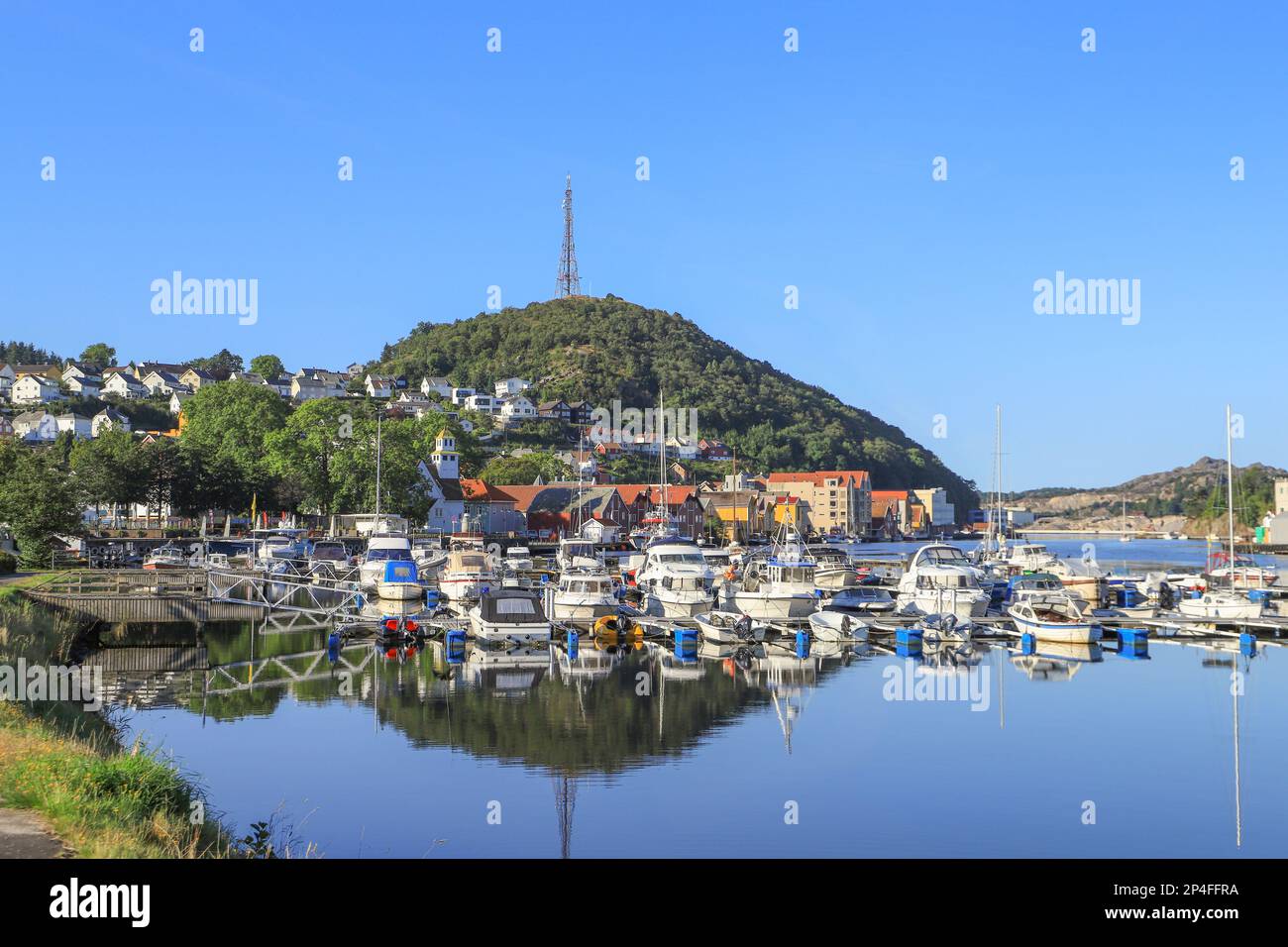 View at the marina in Egersund with the Varberg Mountain and the town in background, south Norway Stock Photo