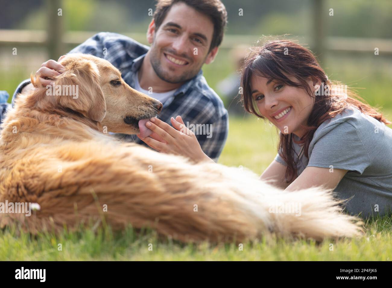 beautiful romantic couple is having fun with their dog Stock Photo - Alamy