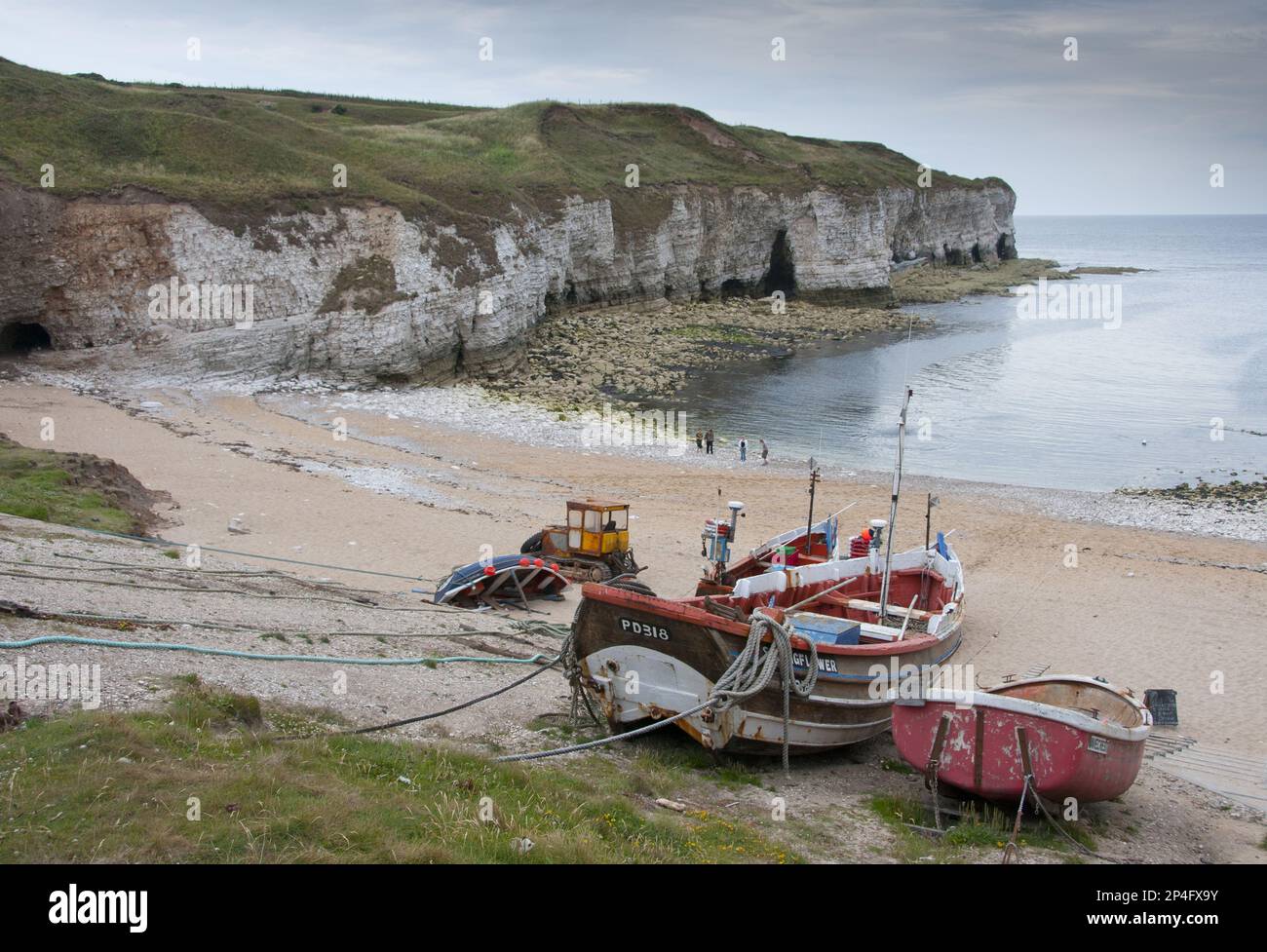 Fishing boats on the beach, Flamborough Head, North Yorkshire, England, United Kingdom Stock Photo