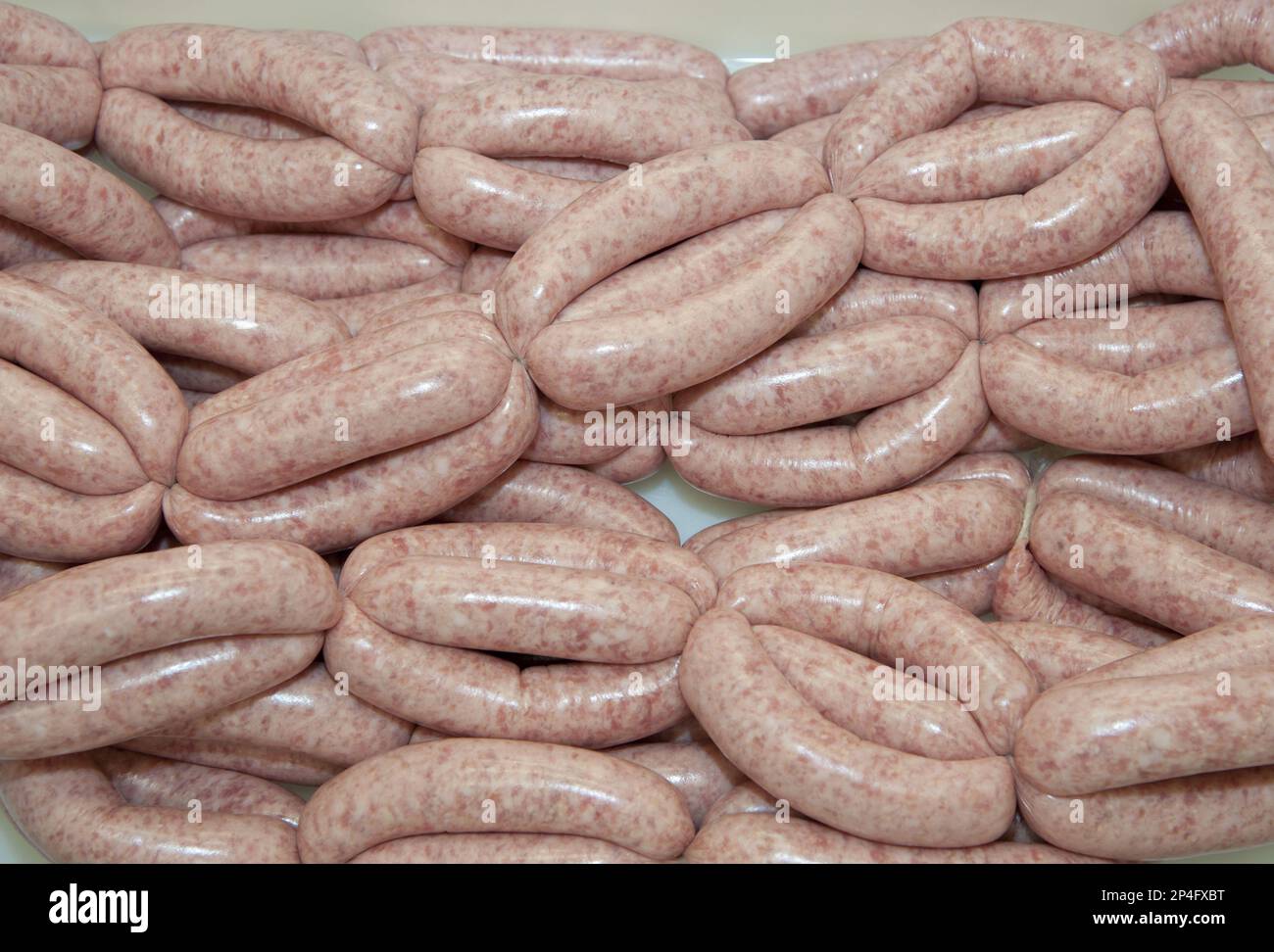 Links of pork sausages in the farm shop, Bradford, West Yorkshire
