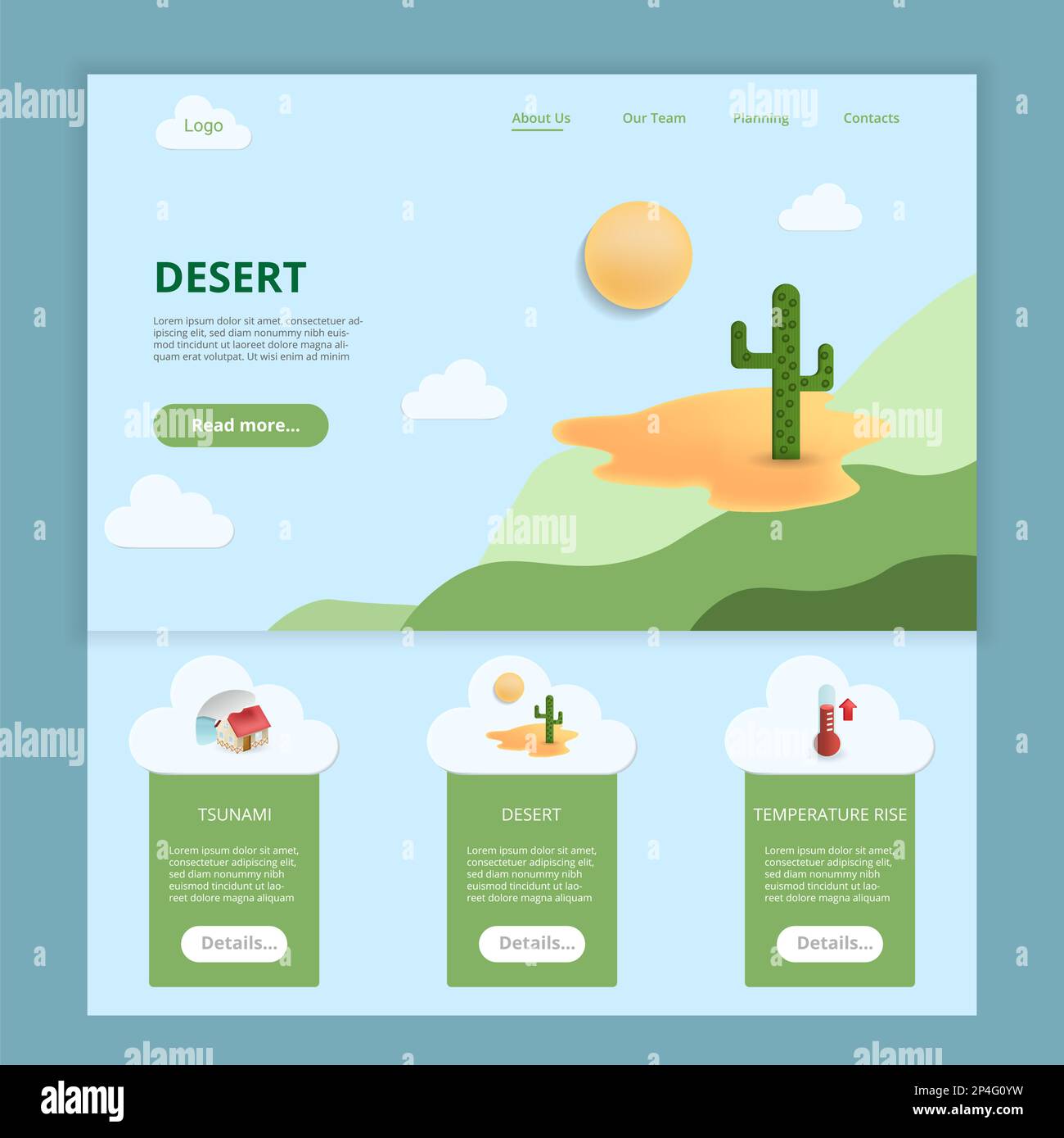 Desert flat landing page website template. Tsunami, desert, temperature rise. Web banner with header, content and footer. Vector illustration. Stock Vector