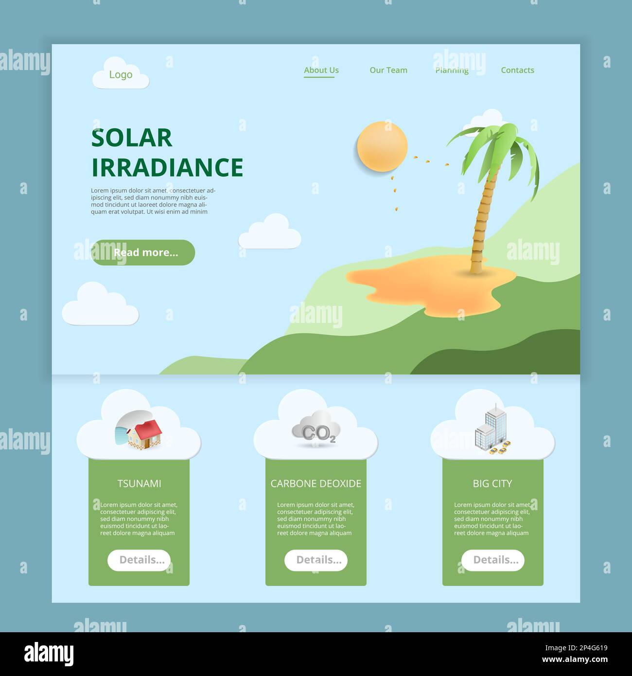 Solar irradiance flat landing page website template. Tsunami, carbone dioxide, big city. Web banner with header, content and footer. Vector Stock Vector